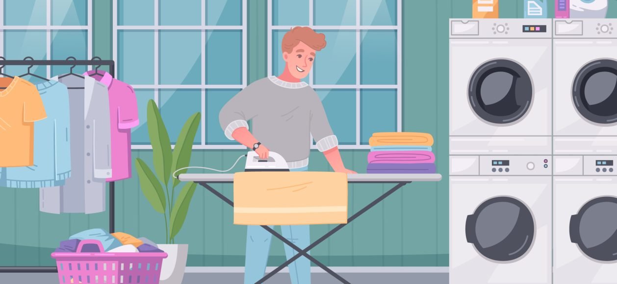 Self service coin laundry facility interior flat cartoon composition with customer ironing his washed clothes vector illustration